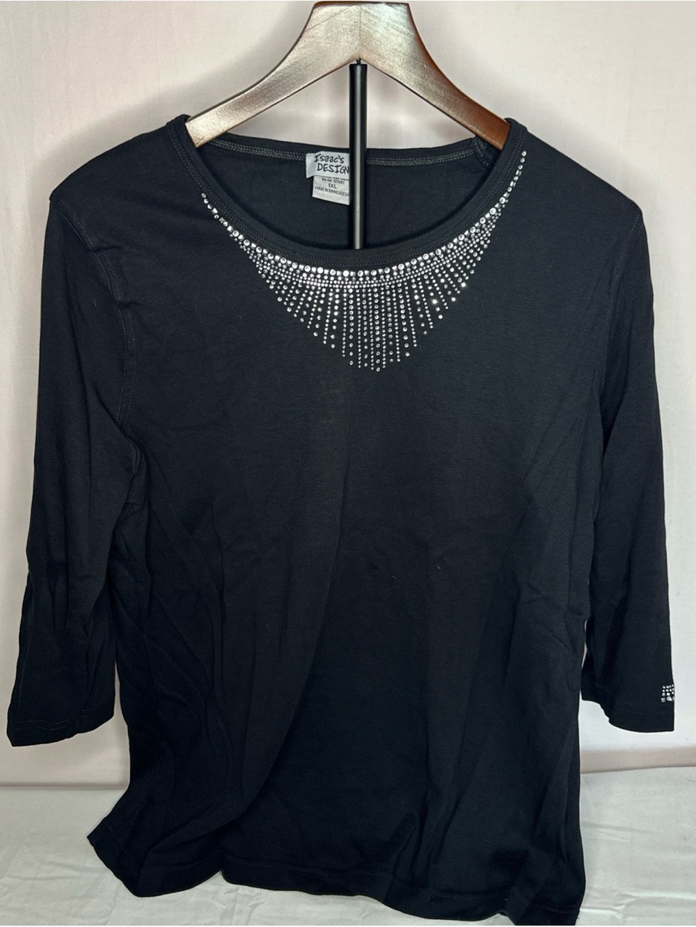 Black Scoop Neck Top with Rhinestone Fringe - Women's